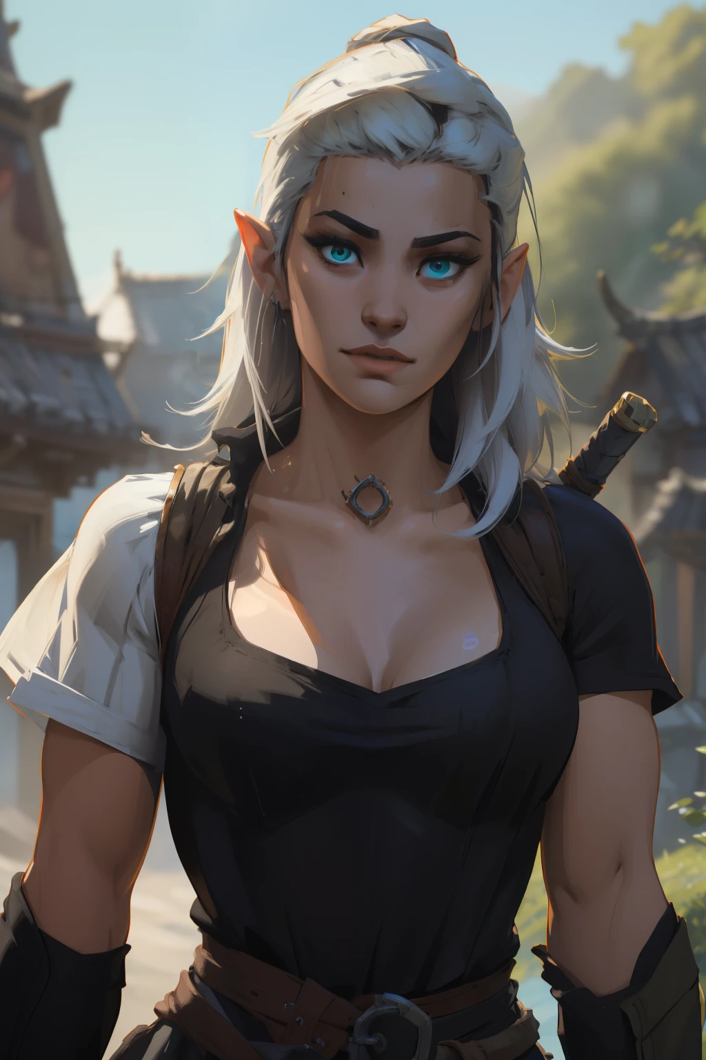 masterpiece, highres, photorealistic, real, Real photo, best quality, 8k, best quality, realistic, ultra-detailed, perfect lighting, cinematic lighting, warm light, female, solo, looking at viewer, , ultra detailed skin, ciri_, medieval, outdoors, cleavage, longsword, green eyes, long hair