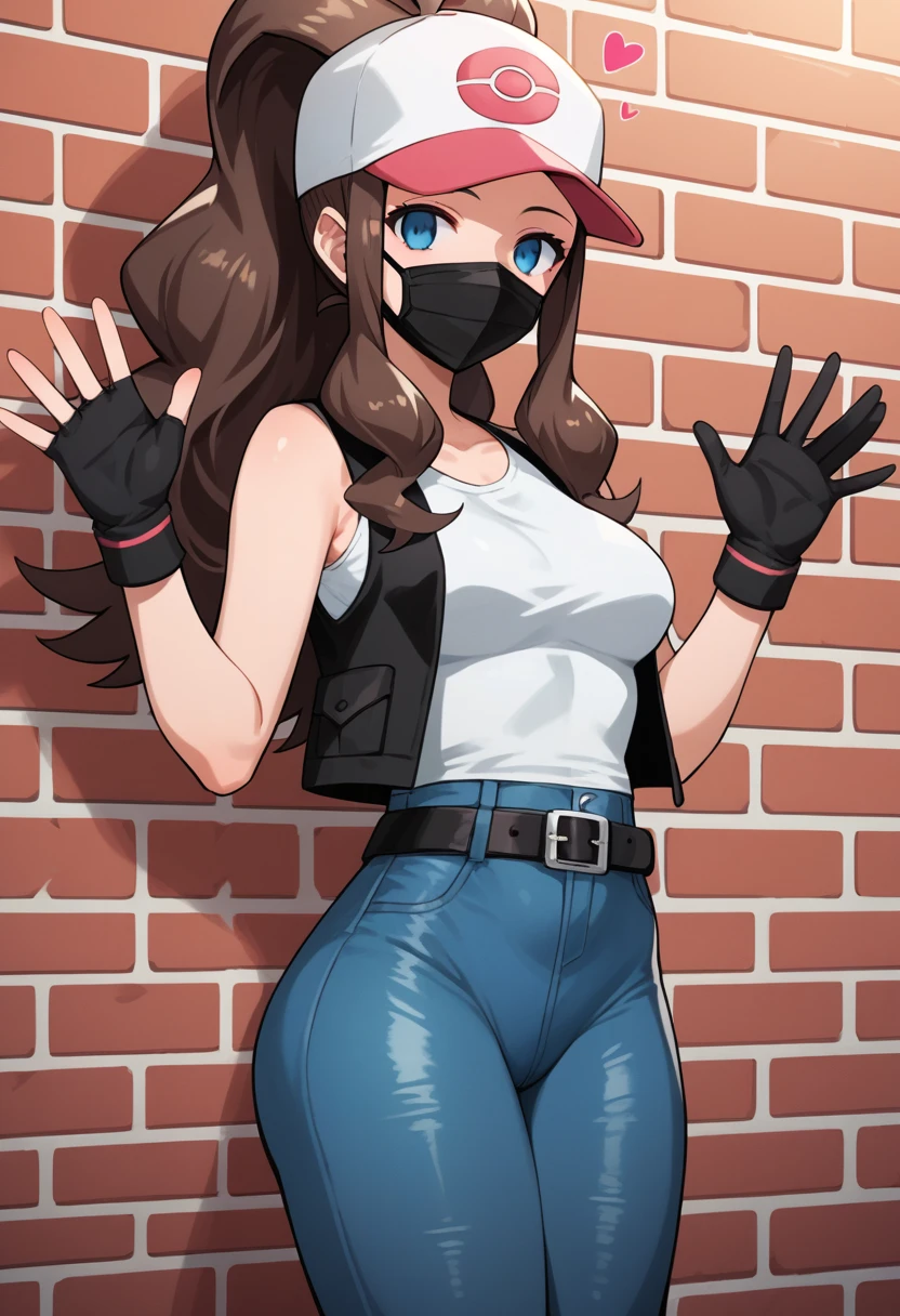 score_9, score_8_up, score_7_up, score_6_up, source_anime, 1girl, solo, ((pmpgrunt)),pokemonhilda, blue eyes, brown hair, long hair, ponytail, black beret, black mouth mask, grey bodysuit, black belt, black gloves, medium breasts, looking at viewer, (waving hand), ((empty eyes)), mind control, happy trance, heart, hearts,legs,cowboy shot,brick wall