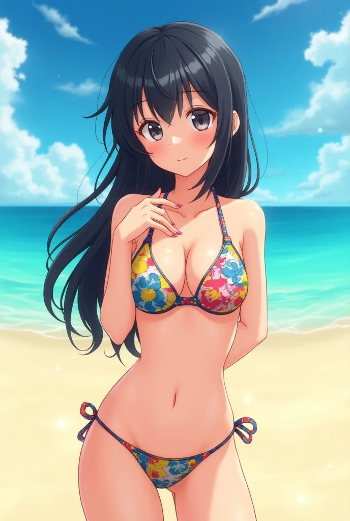 Japanese adolescent, female, long black hair, brightly smiling, wearing black bikini, standing on tropical beach, bright daylight