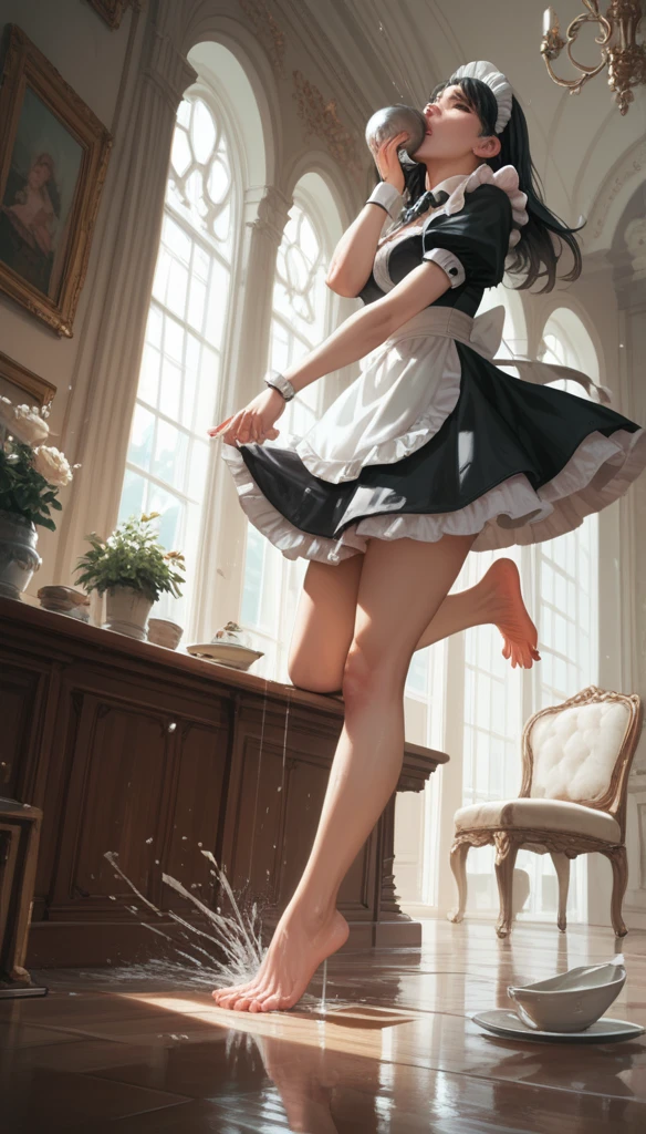 Anime Women, Maid, barefoot, raised leg, Stomping of feet on throat, Stomping of feet on neck, looking down, throw