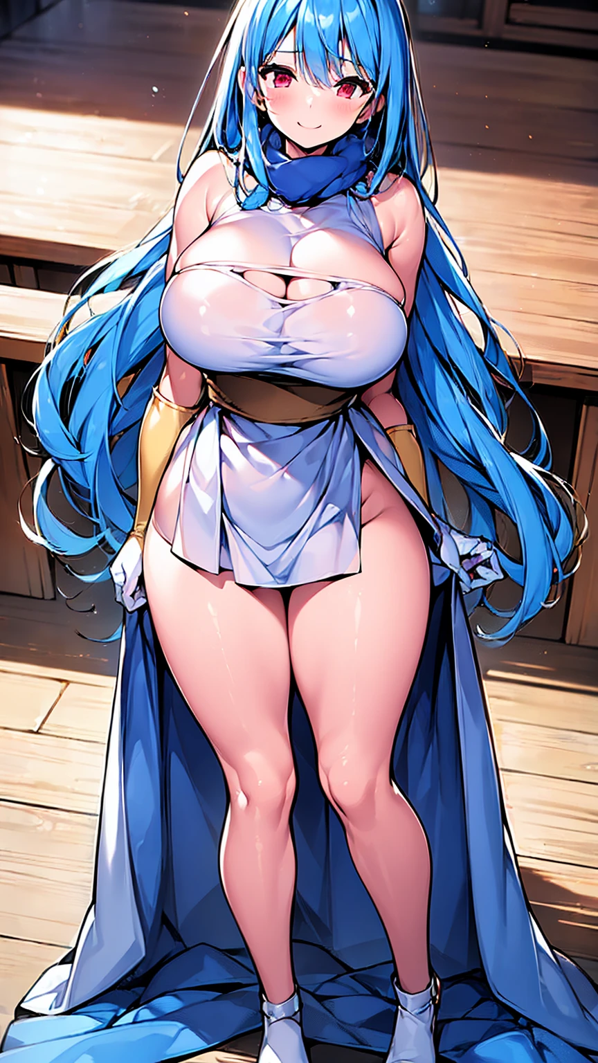 ( best quality, 8k, 32K, masterpiece,  super high definition:1.2), young energetic girl, Petite body, blue hair long hair, dq3 sage,  white skin,  , happy, happy smile, sexual temptation,  huge breasts, Thick legs, Wide legged, Puff puff