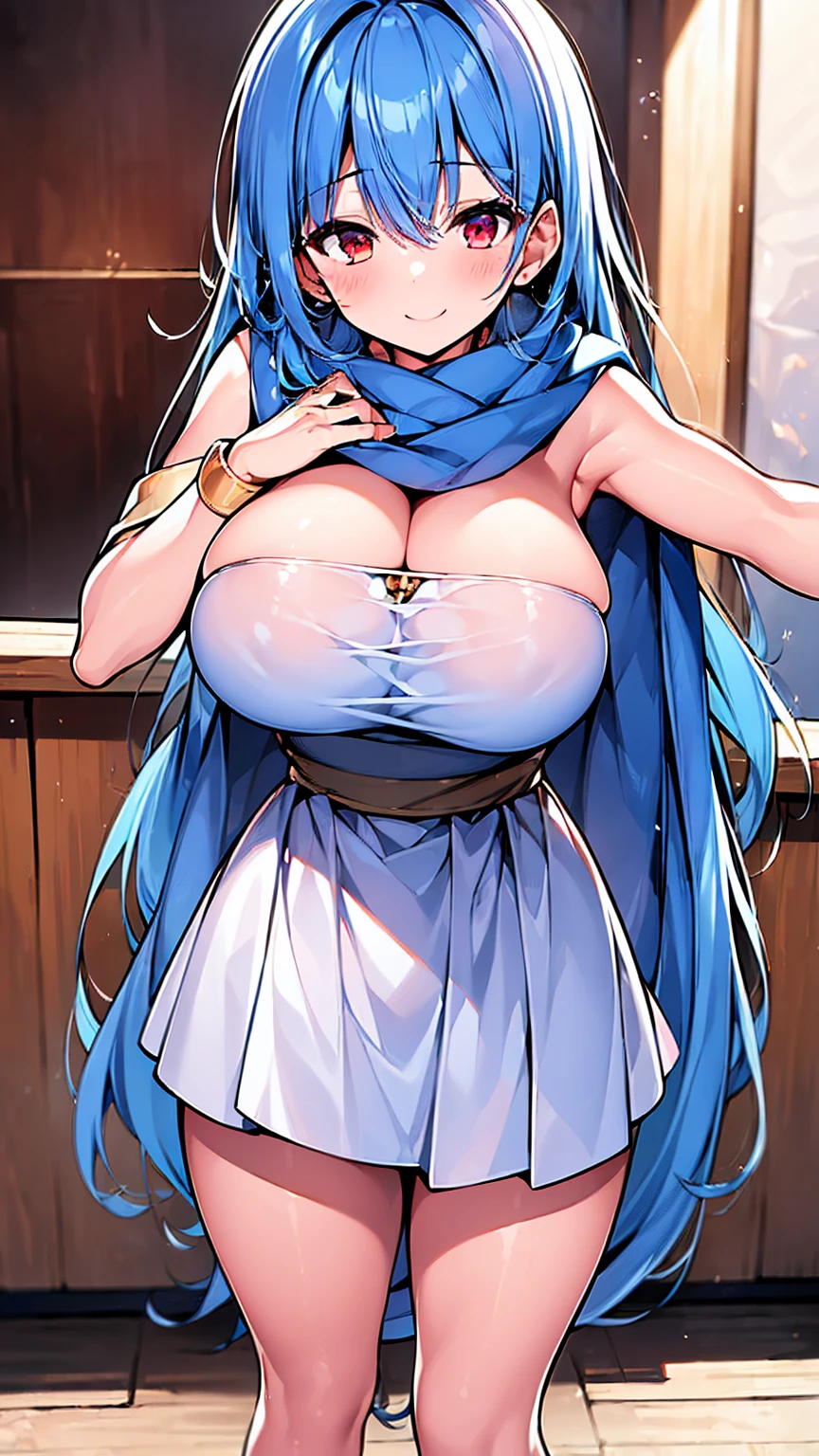 ( best quality, 8k, 32K, masterpiece,  super high definition:1.2), young energetic girl, Petite body, blue hair long hair, dq3 sage,  white skin,  elementary school students, happy, happy smile, sexual temptation,  huge breasts, Thick legs, Wide legged, Puff puff