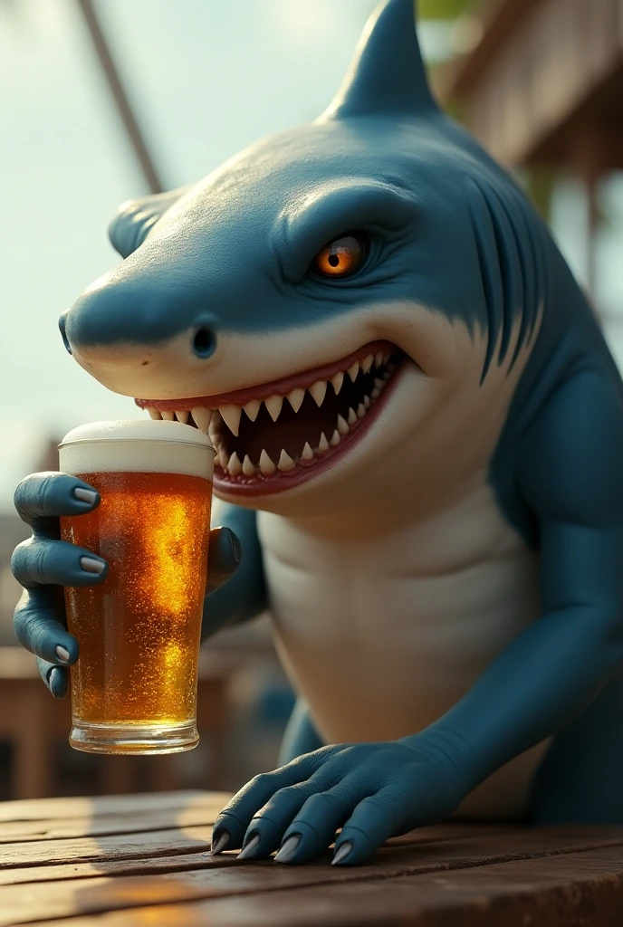 crie uma imagem realista de uma criatura híbrida de homem e tubarão com um copo de cerveja na mão num fundo verde limão