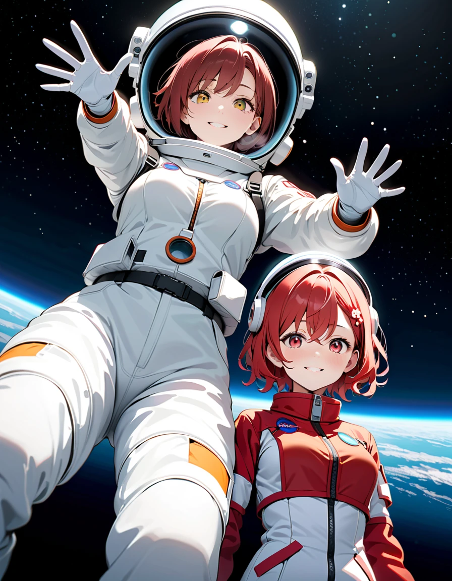 (spacesuit:1.15), white cargo pants, astronaut)bubble helmet, space helmet, gloves , , looking close at you, outer space, floating, masterpiece, best quality, 2girls, beautiful, image from below, , asakura tooru, madoka higuchi, smiling, difficulty breathing, waving, fullbody