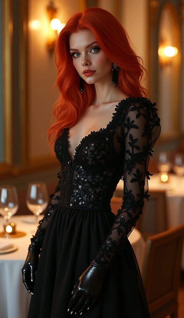 red-haired woman,with black fine and elegant attire black earring and full long wedding dress,black with black flowers,background of a refined restaurant with golden details,whole body all shiny
