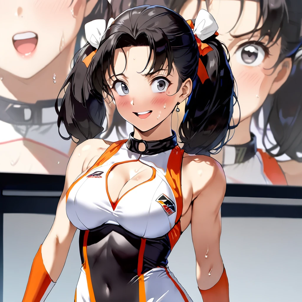 masterpiece, Best Quality, High resolution,16k,super detailed skin, (Videl:1.5),1990s \(style\),C cup beautiful breasts、height: 160cm,Sweating all over the body,athlete Muscular,sexy,1 girl,solo,Anime-style painting style,black short hair,low twintails hair,center parted swept bangs,forehead,boyish,Big eyes、Cool look,Pointed Eyes,(race queen costume:1.5),Muscular,1girl、BRAKE(ahegao:1.2),(Vulgar:1.2),(So stupid:1.1),(orgasm:1.2),happy,smile、Shy、Shyness,Cool look,blush,Anime-style painting style,(closeup),gigantic scale,A composition that shows the full body,cinematic lighting,Superfine,(simple white background:1.5)、(sexy:1.5),Gazing into the distance,, Captivating look, (Amazing views:1.1) ,dynamic angle,sexy pose,