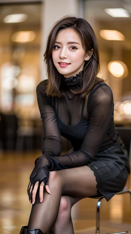 brown hair, low twin drills, cute face, she wears a turtleneck and a skirt., black pantyhose, sitting on a chair, crossed legs, Wearing black lace gloves, wearing boots, adult German woman, full body portrait, indoor, bokeh, film grain, UHD, masterpiece, anatomically correct, high details, high quality, highres