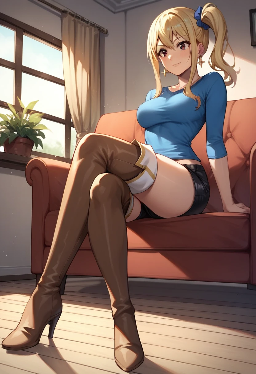 score_9, score_8_up, score_7_up, score_6_up, score_5_up, score_4_up, source_anime, 1girl,lucy heartfilia, blonde hair, long hair, side ponytail, blue undershirt, brown eyes, middle breasts, earrings, thigh boots, brown boots, long heels, blue shirt, black shorts, crossed legs, sit, sofa, room, best quality, best res, 4K UHD,
 