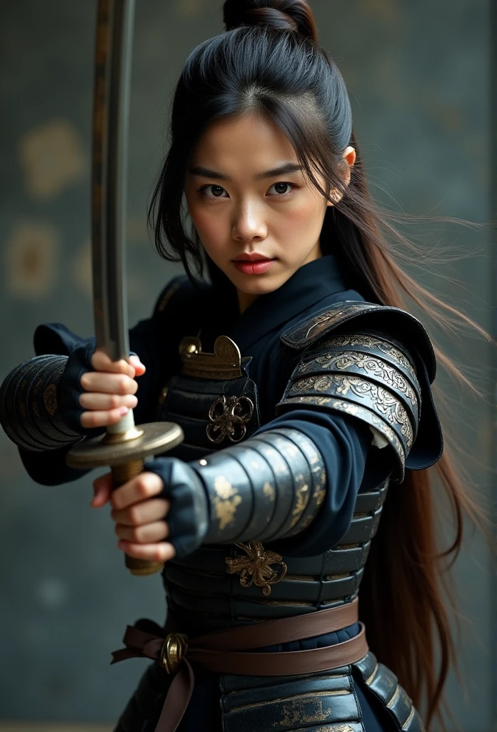 A serene Thai woman samurai, samurai full_body armor, katana sword, beautiful detailed face, long flowing hair, intricate armor details, dynamic pose, realistic lighting, dramatic mood, cinematic composition, muted color palette, chiaroscuro lighting