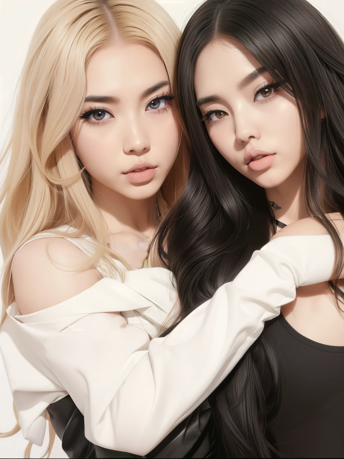 Two women with long hair posing together for a photo., with ivy, nixeu and sakimichan, Inspired by Wang Duo, official artwork, photoshoot, 💣 💥, in black, ava max, 💣 💥💣 💥, Ayami Kojima y Lyde Caldwell, art album, Photo of pel, JIA, kda y sam que