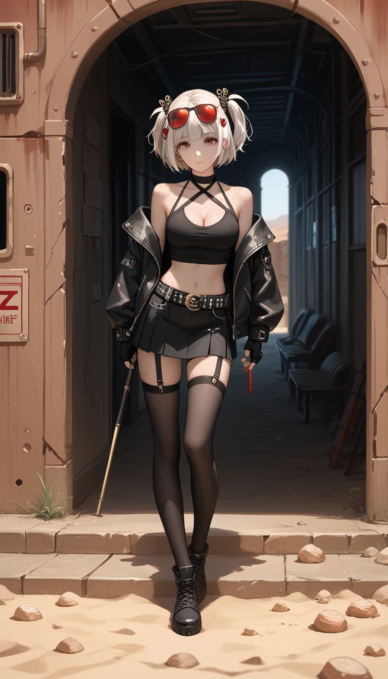 Full body art , 1girl,One,_ZZZ,  short hair,  short double tails,   hair ornament ,  facing the viewer , very sexy, erotica,  leans forward,  sunglasses ,  on the head , desert area,  eyes against the background of an abandoned gas station, 
White,  short hair,  short double tails,   hair ornament  ,  sunglasses ,  on the head  ,  red halterneck , black top pipe ,  short top ,  CLEAVAGE ,  life , black jacket,  fingerless gloves , studded belt , black skirt,  red hip straps, black stockings,score_9, score_8_up, score_7_up, score_6_up, score_5_up, score_4_up, 