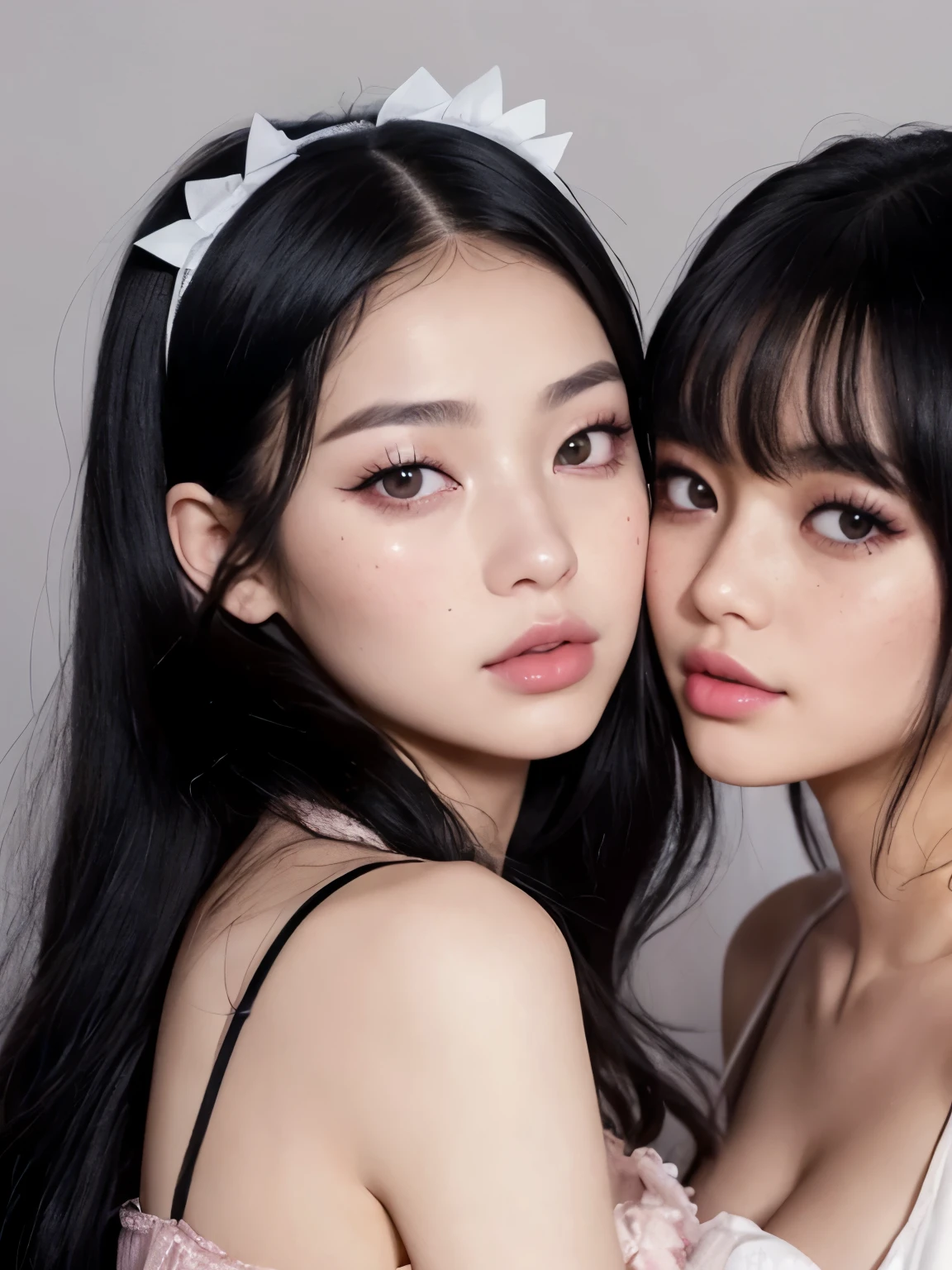 Kim Jennie with dark black hair, with curlers at the ends of dark black hair, with a star clip in her dark black hair, light colored eyes, pretty eyes, crying eyes, pretty, upturned nose, Pretty lips, pink lips, heart and cupid shaped lip, pretty skin, pale, white skin, with moles and freckles all over his face, soft pink blush on the cheeks, natural pink blush, dark and gothic makeup, Gothic Jennie, while she is with a cute girl by her side, with a cute asian girl standing next to her, while there is a girl's torso, while the girl 'His hand is on her jaw., beautiful girl's hands, with a gothic girl, nice collars, marked collar, frown, angry look, with a kiss necklace, a pretty kiss necklace, while her nipples are noticeable (big breasts, soft breasts, nice breasts, natural breasts), with a white dress, short and transparent dress, visible on nipple, with a girl by his side, with her girlfriend, looking to the camera, autophoto