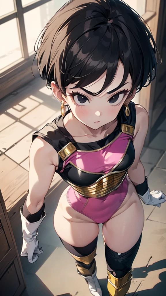 ,Fasha, 1girl, short hair, black hair, gold earrings, (black eyes:1.4),(saiyan armor, pink leotard), white gloves, 1tail, black knee pads with pink straps, yellow knee high socks of different sizes, white boots,cameltoe,masterpiece,Noise Reduction,perfect anatomy,high resolution, ultra-detailed, ultra-detailed face,game cg,dutch angle ,beautiful detailed eyes,visualart,five fingers, perfect hands, perfect lighting, sparkling pupils,(highly detailed:1.5),