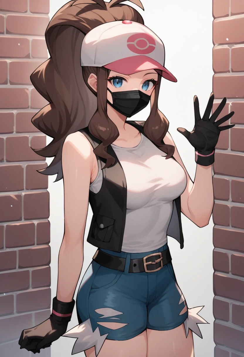 score_9, score_8_up, score_7_up, score_6_up, source_anime, 1girl, solo, ((pmpgrunt)),pokemonhilda, blue eyes, brown hair, long hair, ponytail, black beret, black mouth mask, black vest, grey bodysuit, black belt, black gloves, medium breasts, looking at viewer, (waving hand), empty eyes, mind control, happy trance, legs,cowboy shot,brick wall