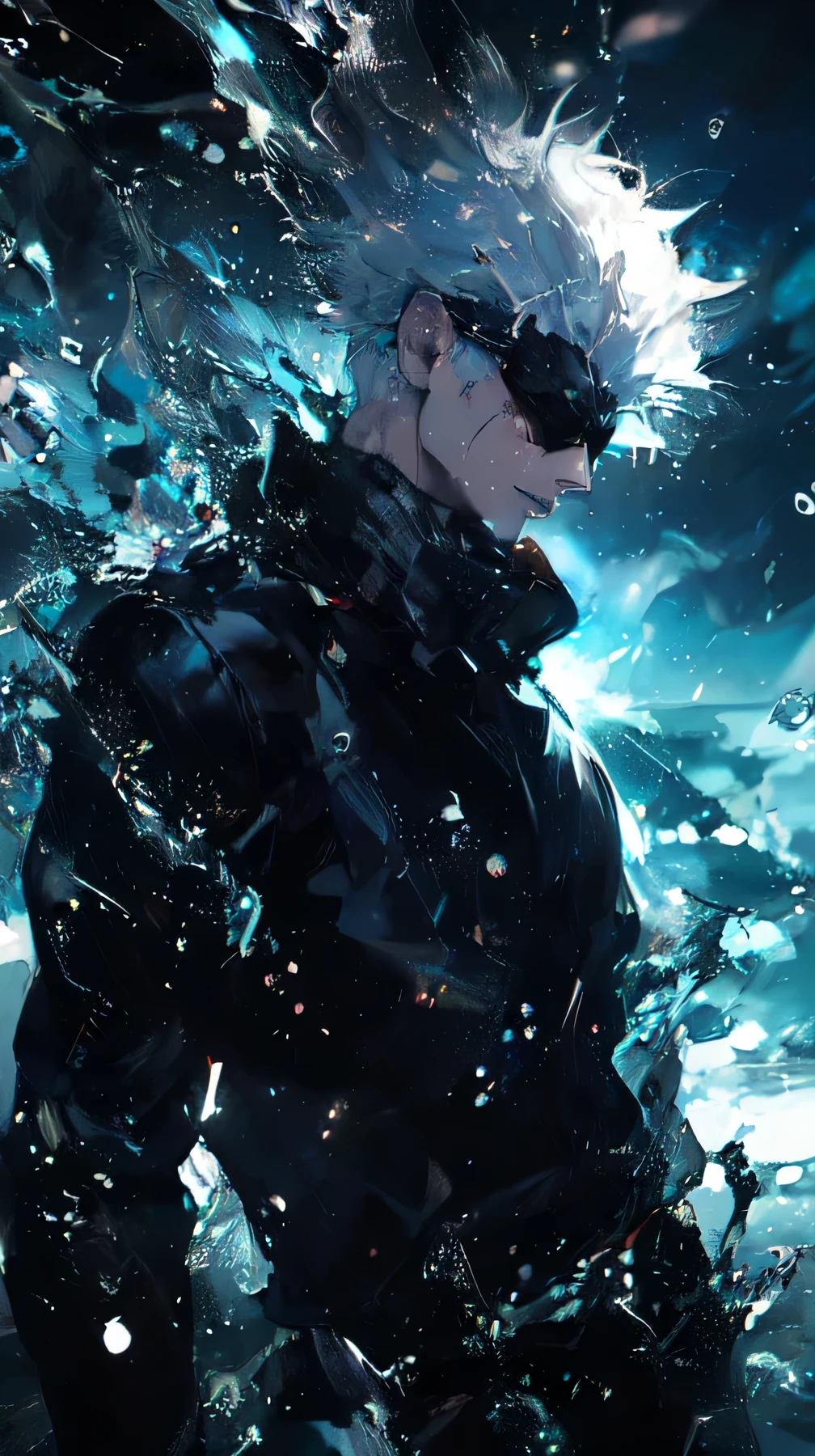 Satoru Gojo,  Jujutsu Kaisen A 4K ultra-realistic portrait of Satoru Gojo, depicted with intricate hyper-details. He is surrounded by intense, swirling blue waves that capture light and movement, adding a dynamic energy to the scene. Gojo's iconic white hair is slightly tousled by the water, and his blindfold or sunglasses reflect a hint of light. His face is expressive and sharply defined, with every contour detailed to enhance realism. The ocean waves around him have a crystalline quality, with splashes and droplets glistening, adding a dramatic atmosphere to the scene. The background is dark, contrasting with the vibrant blues of the waves and highlighting Gojo's powerful aura.