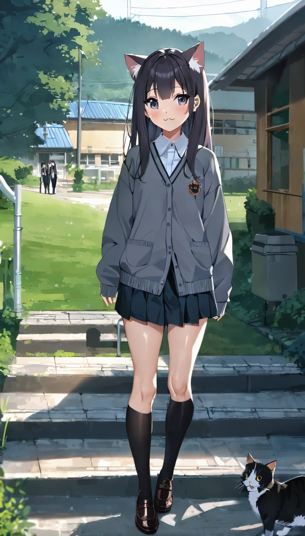 ((( cat on the stone steps )))、 Best Quality 、masterpiece、 perfect anatomy、 girl, On the way to school, Chat with friends, stand, School Area, Countryside, landscape, Round Glass, cardigan, ( sleeves are longer than wrists ), Strong Loafers, longer than dark gray hair , Straight slit , Beautiful dark eyes , black knee socks , Movie Lighting, upper body, :3, School Area, Rural School