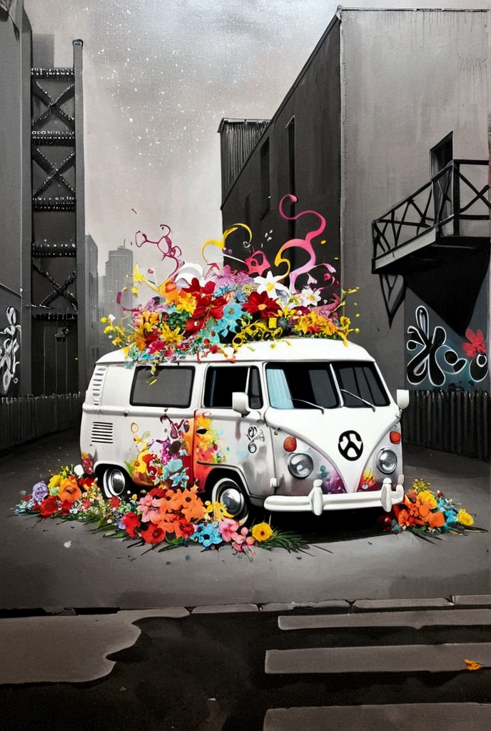  there is a van with lots of flowers on the roof,  Amazing Art work, modern Street Art, Street Art,  graffiti art scattered , Street Art,  Beautiful Artwork ,  Amazing Art ,  Official Artwork ,  urban graffiti Banksy , *  color splash  *,  Amazing Art , Tristan Eaton, Dramatic works of art,  very very unrealistic , graffiti Street Art, Kenny Scharf, urban art 