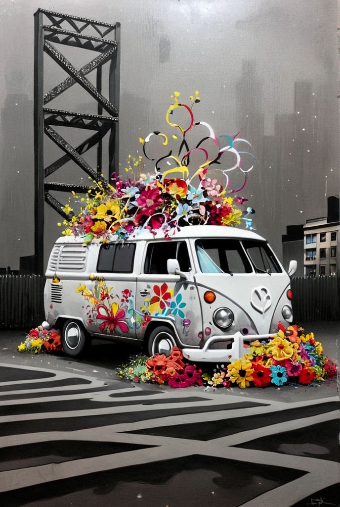  there is a van with lots of flowers on the roof,  Amazing Art work, modern Street Art, Street Art,  graffiti art scattered , Street Art,  Beautiful Artwork ,  Amazing Art ,  Official Artwork ,  urban graffiti Banksy , *  color splash  *,  Amazing Art , Tristan Eaton, Dramatic works of art,  very very unrealistic , graffiti Street Art, Kenny Scharf, urban art 