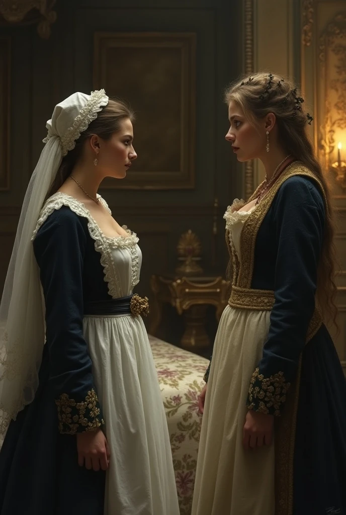 Une femme super rousse avec l’air colérique elle porte une robe de reine victorienne 18eme siecle décontractée la photo est comme une peinture elle est lesbienne