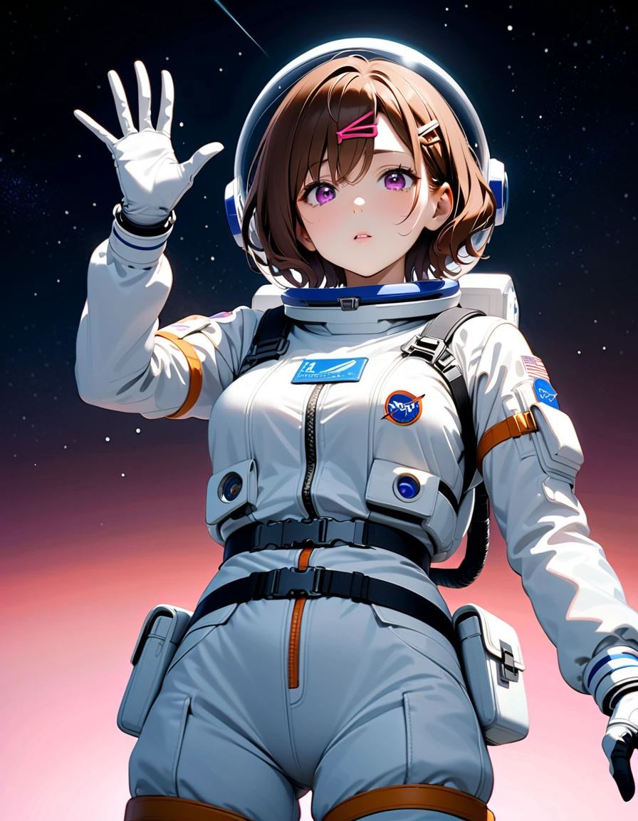 (spacesuit:1.15), white cargo pants, astronaut)bubble helmet, space helmet, gloves , , looking close at you, outer space, floating, masterpiece, best quality, 1girl, beautiful,  image from below, solo, madoka higuchi, brown hair, eyebrows hidden by hair, hairclip, mole, mole under eye, purple eyes, short hair, wavy hair, difficulty breathing, waving, fullbody