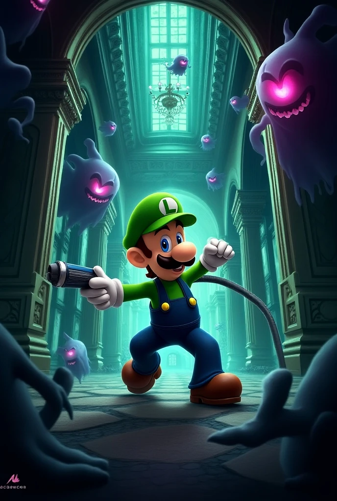 Luigi character from the game super mario bros, dvd screenshot, cinematic lighting, 1980s video, realistc, vhs, dark fantasy ambient