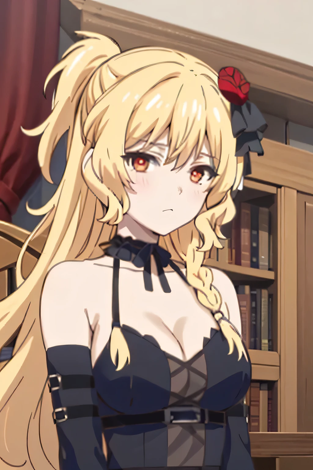 Celica Arfonia, choker, black ribbon, cleavage, detached sleeves, medium breasts, long hair, blonde hair, red eyes, braid, red rose, hair flower, 1girl, bare shoulders, blush, breasts, circlet, cleavage, closed mouth, dress, head wreath, big breasts, laurel crown, long hair, looking at viewer, o-ring, o-ring top, simple background, solo, upper body, white dress, celestine lucullus, (shiny skin), (masterpiece:1.4), (best quality:1.4)