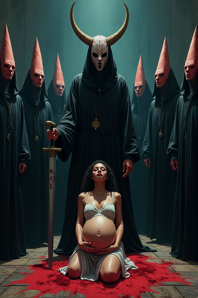 A church that is a circus tent. God is dressed as a rich clown, the Devil is a beautiful horned seductive woman with curves. The Pope is dressed as a clown. The audience are puppets. Jugglers, women with mask pregnant naked, naked fat men with masks in a sex orgy