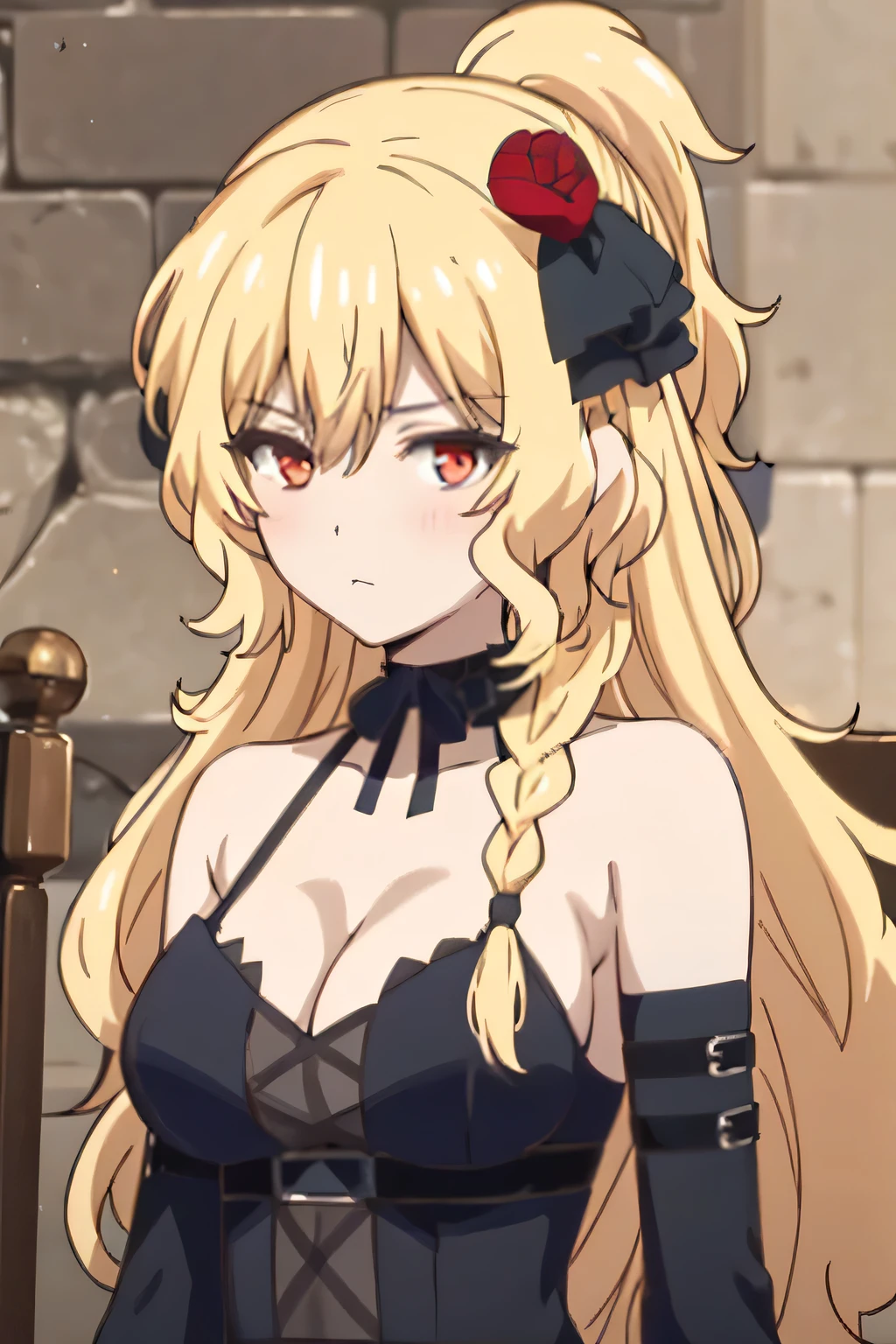 Celica Arfonia, choker, black ribbon, cleavage, detached sleeves, medium breasts, long hair, blonde hair, red eyes, braid, red rose, hair flower, 1girl, bare shoulders, blush, breasts, circlet, cleavage, closed mouth, dress, head wreath, big breasts, laurel crown, long hair, looking at viewer, o-ring, o-ring top, simple background, solo, upper body, white dress, celestine lucullus, (shiny skin), (masterpiece:1.4), (best quality:1.4)