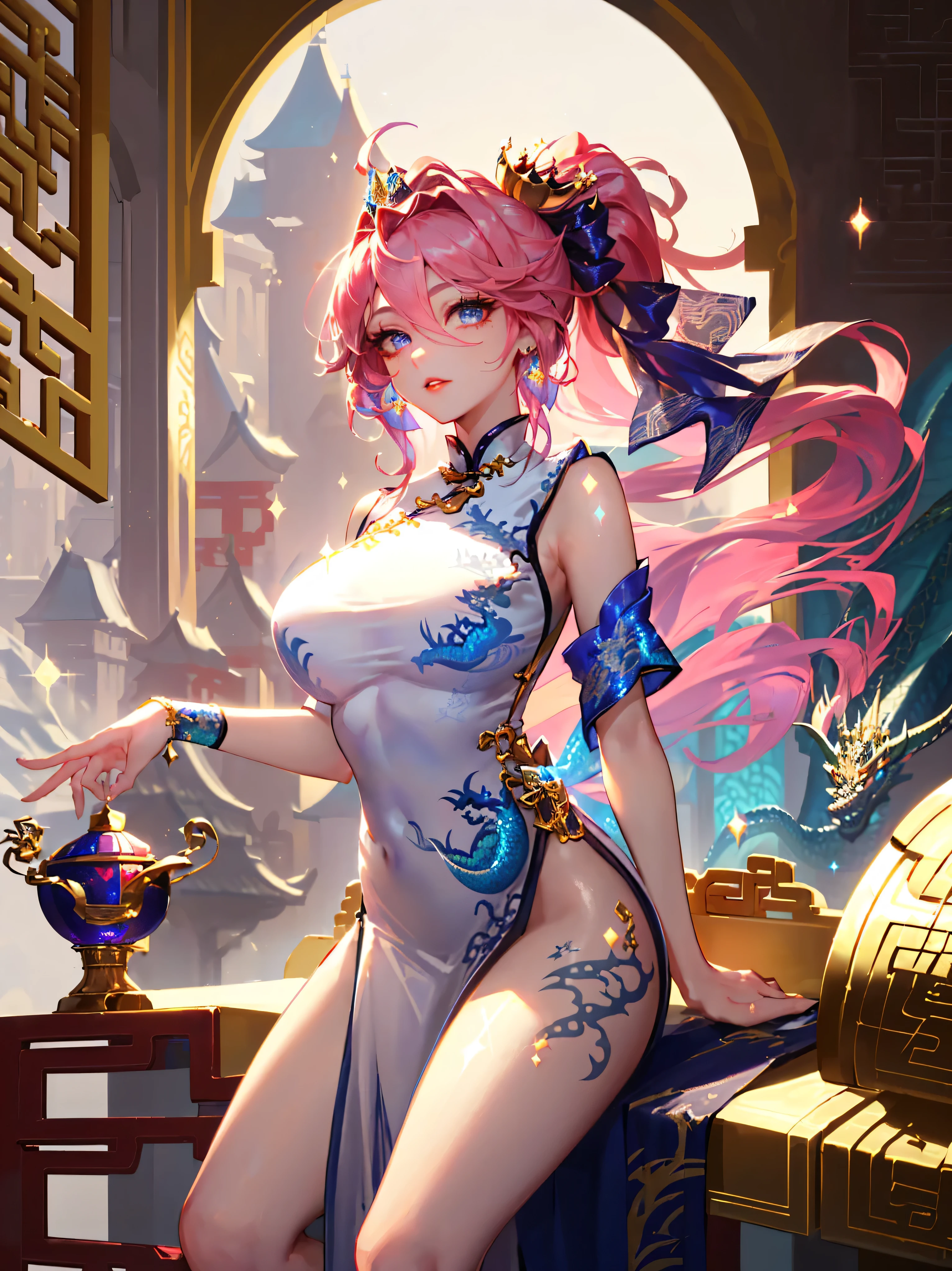 portrait, fantasy, vivid colors, dramatic lighting, intricate details, a detailed, beautiful woman, extremely detailed eyes and face, beautiful detailed lips, long eyelashes, beautiful detailed skin, intricate jewelry, elegant dress, (white chinese dress:1.5), (dragon tattoo:1.3), (dragon pattern:1.5), (sovereign:1.5), (crown:1.5), (tiara:1.5), award winning photo, high quality, 4k, absurdres, masterpiece, shiny, from the front, amazing, fine detail, highly detailed, solo, 1girl, beautiful detailed eyes, beautiful detailed lips, extremely detailed eyes and face, long eyelashes, (pink hair:1.5), (very long hair:1.5), (one big hair ribbon:1.5), (sparkles:1.5), (high ponytail hair:1.5), (hair between eyes), (hair over one eye:1), (floating hair:1.3), mesmerising pink eyes, perfect breasts, (sleeveless, no sleeves:1.5), (bare shoulders), red lips, sharp eyelashes, (perfect legs:1.2), bare arms, earrings, jewelry, babe, glossy skin, (sparkling fabric:1.5), (incrusted with jewels), posing inside a castle with an oriental architecture, (golden embroidery:1.2)