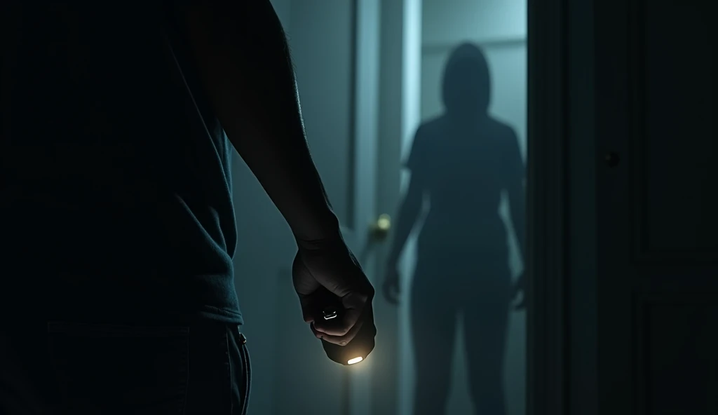 in a dark room, with standard wooden FLOOR, a brunette woman with straight hair, with 1,65m tall, is in the middle of an intense fight on the ground. She wears basic pajamas, now crumpled and dirty, as she desperately defends herself from a mysterious shadow in the shape of a man who tries to dominate her. cel shadow, with hazy contours and a terrifying presence, seems almost intangible, but still palpable enough to pose a deadly threat.
The woman, with an expression of pure despair and determination, gathers his last strength and lands a violent kick in the shadow's stomach, making her retreat momentarily. The impact, despite being against something seemingly ethereal, looks surprised and weakened, as if a woman's willpower could actually affect him. The dry sound of the kick echoes through the room, which is only dimly illuminated by a flickering light, projecting distorted shadows on the walls and intensifying the atmosphere of fear and uncertainty.
As tension reaches its peak, making it clear that it is a battle for survival against something beyond human comprehension.