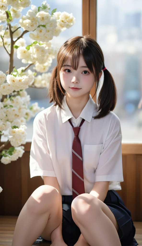 (masterpiece, Best Quality:1.2),   1 girl, Alone、(   hide your upper arms on the table top, Best Quality:1.2), 8k, 18 years old, 85mm,  OFFICIAL ART,   RAW photos from the last century,   absurd,   white dress shirt ,  cute face, close,   upper body, Viola Lace, Gardenia,   beautiful girls, (  dark red tie :1.1)、(   navy pleated skirt :1.1), Cinch West, Thighs, Short sleeve, classroom,   ponytail、  short hair 、  short hair 、  sitting on the bench ,   viewers ,  No makeup at the coal mine , (smile:0.4),   Film Grain,  chromatic aberration,    SHARP CONCENTRATION   ,   Face Light ,  bright lights in front of the temple, Teen,   detailed face  , (( background blur,日本の学校のclassroom、classroom、  Cherry Blossom Trees Seen Through Window))