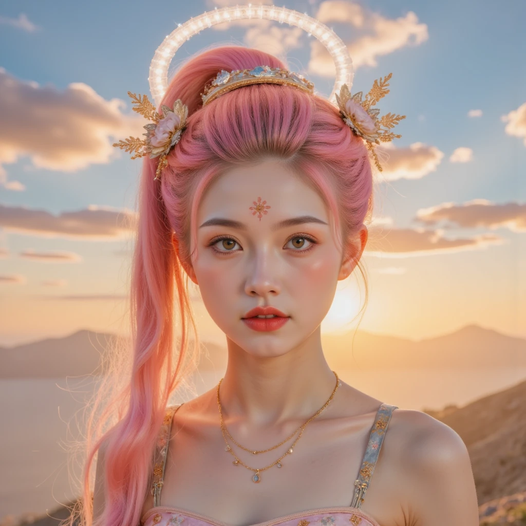 ((masterpiece,  best quality,  extremely detailed), Volumetric Lighting,  ambient light blocking ,  colorful , Luminescence), 
1 Girl,  alone, Young Girls, ( with pink hair ), Long hair, Halo, Halo, sacred, goddess, Network Package, (Female suit :1.3), Android, , Angel,
Outdoors, Sunset, Sky, cloud, space, ( cyberpunk theme:1.2),