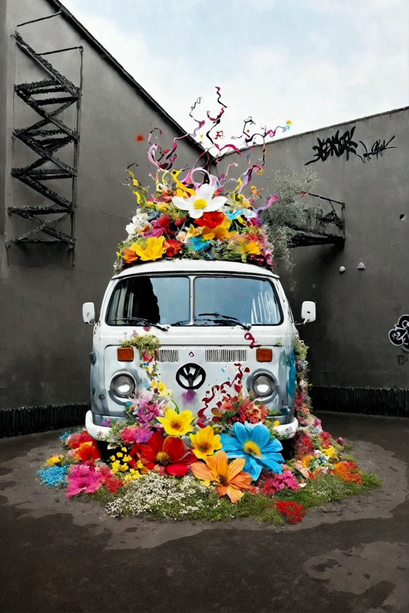  there is a van with lots of flowers on the roof,  Amazing Art work, modern Street Art, Street Art,  graffiti art scattered , Street Art,  Beautiful Artwork ,  Amazing Art ,  Official Artwork ,  urban graffiti Banksy , *  color splash  *,  Amazing Art , Tristan Eaton, Dramatic works of art,  very very unrealistic , graffiti Street Art, Kenny Scharf, urban art 