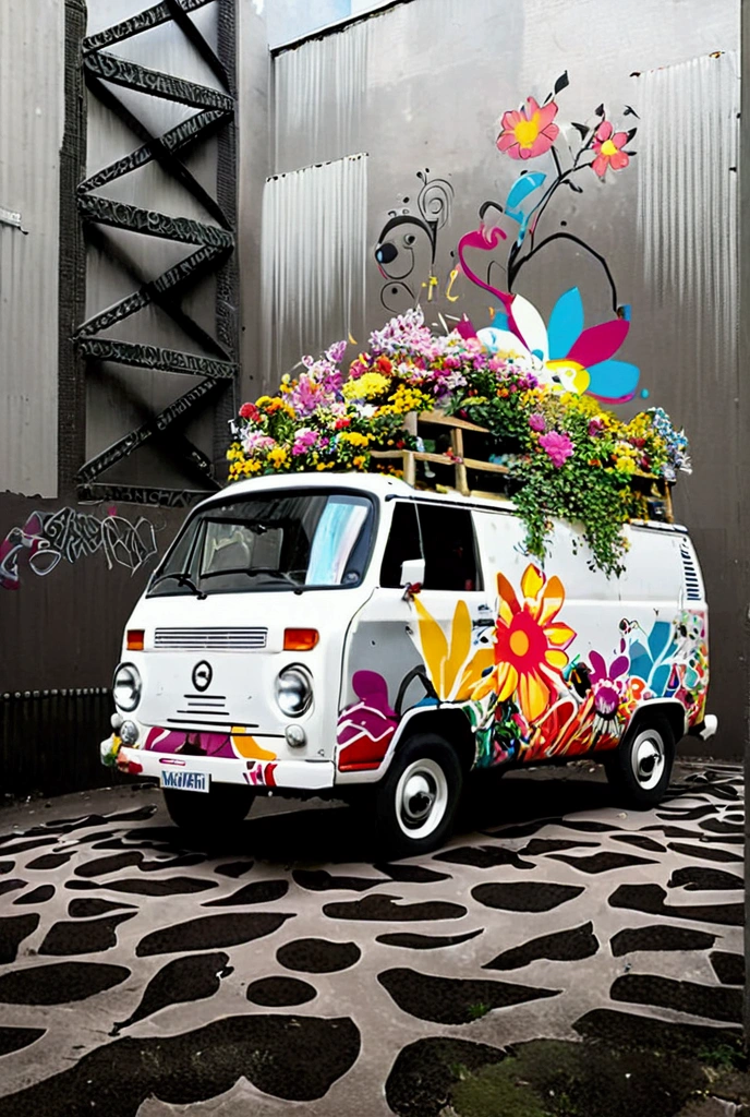  there is a van with lots of flowers on the roof,  Amazing Art work, modern Street Art, Street Art,  graffiti art scattered , Street Art,  Beautiful Artwork ,  Amazing Art ,  Official Artwork ,  urban graffiti Banksy , *  color splash  *,  Amazing Art , Tristan Eaton, Dramatic works of art,  very very unrealistic , graffiti Street Art, Kenny Scharf, urban art 