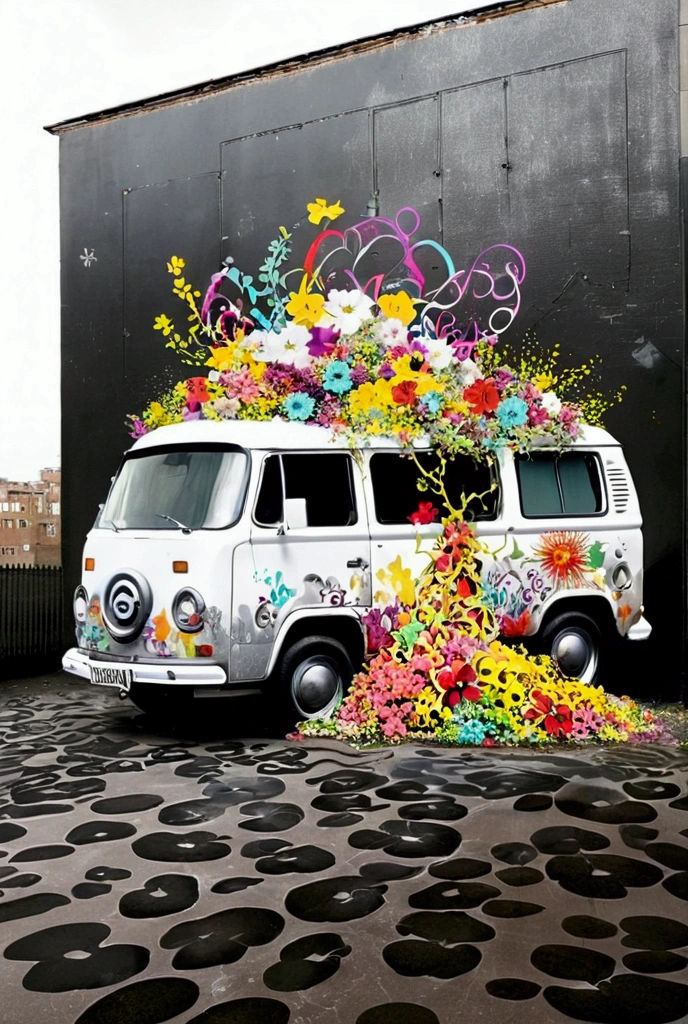  there is a van with lots of flowers on the roof,  Amazing Art work, modern Street Art, Street Art,  graffiti art scattered , Street Art,  Beautiful Artwork ,  Amazing Art ,  Official Artwork ,  urban graffiti Banksy , *  color splash  *,  Amazing Art , Tristan Eaton, Dramatic works of art,  very very unrealistic , graffiti Street Art, Kenny Scharf, urban art 