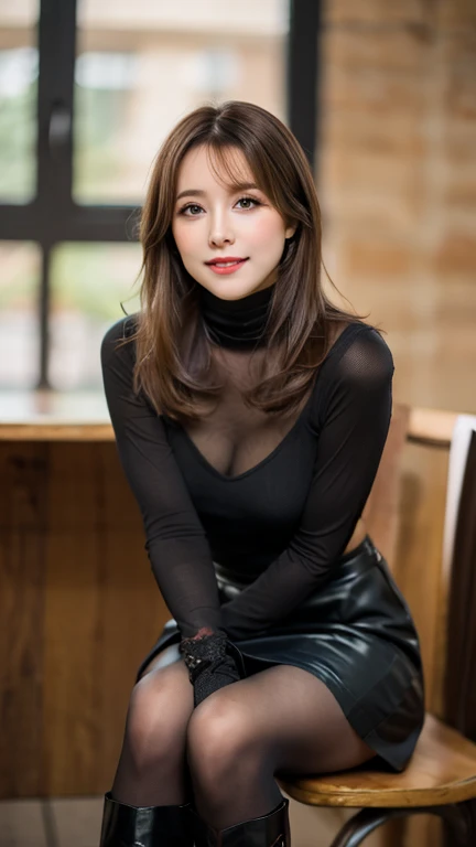 brown hair, low twin drills, cute face, she wears a turtleneck and a skirt., black pantyhose, sitting on a chair, crossed legs, Wearing black lace gloves, wearing boots, adult German woman, full body portrait, indoor, bokeh, film grain, UHD, masterpiece, anatomically correct, high details, high quality, highres