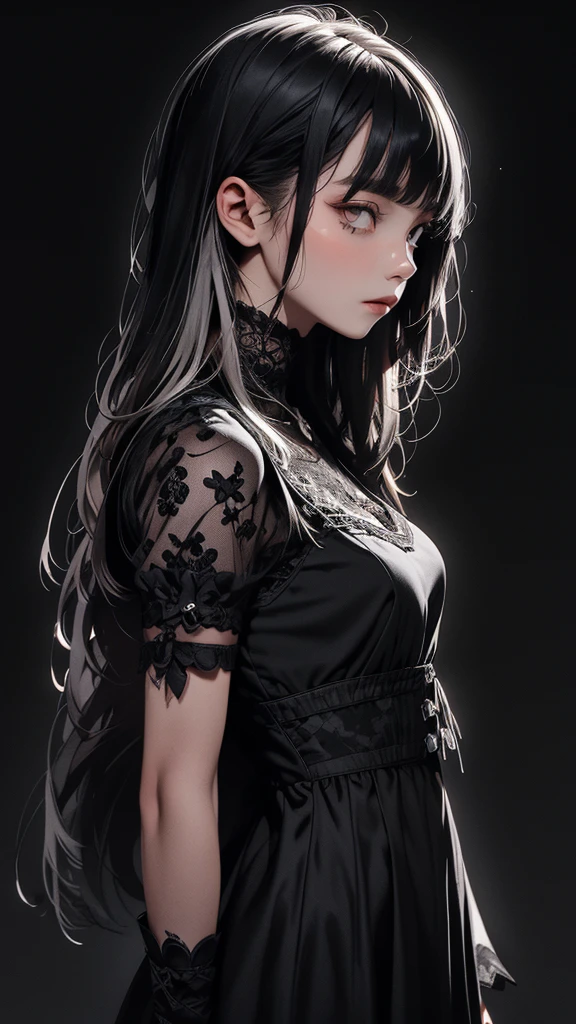   movie poster with a young woman as the main character、(Black and silver long hair  :1.3)、Glare、   Her face has a fixed expression  ,  black lace gothic fashion 、The background is dark、Rough, With danger and tension、 Side shot 、( short bangs :1.3)