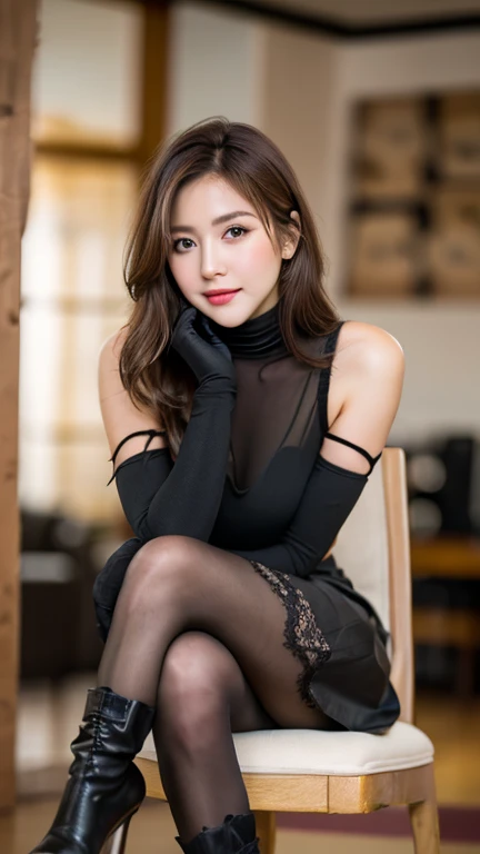 brown hair, low twin drills, cute face, she wears a turtleneck and a skirt., black pantyhose, sitting on a chair, crossed legs, Wearing black lace gloves, wearing boots, adult German woman, full body portrait, indoor, bokeh, film grain, UHD, masterpiece, anatomically correct, high details, high quality, highres