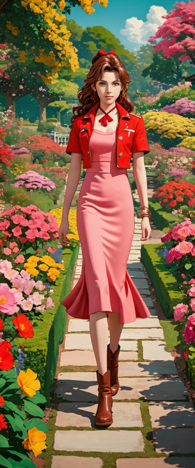 masterpiece, best quality, 8k, 4k, 1girl, aerith gainsborough, brown hair, high middle bang, longer side curly bang, long tight curly ponytail, green eyes, red hair ribbon, red bolero jacket, short sleeve jacket, cropped jacket, black tie choker, long pink straight dress, brown boots, bangles, walking in a garden, flowers, detailed background,, inspired by Asukaziye artist : ask, art style : ask