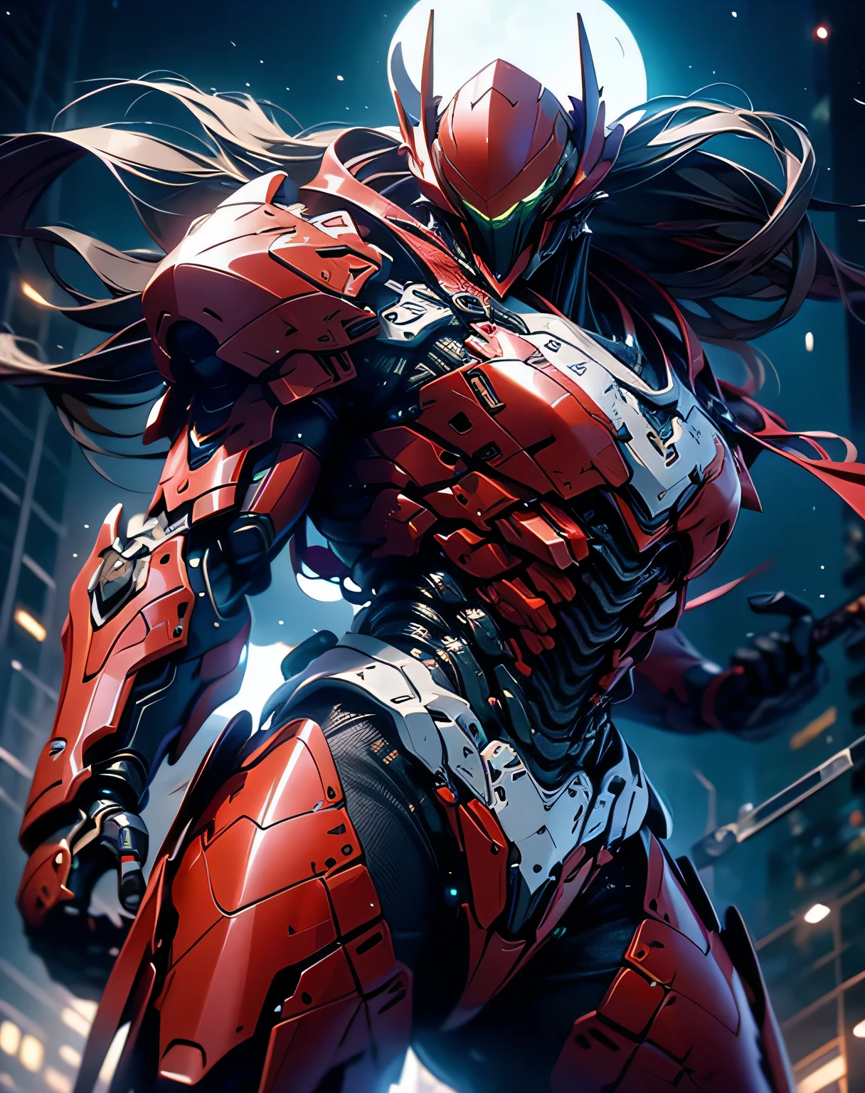 ((A man wearing red exo armor is acting violently)), rendered in Unreal Engine 5 , Black Octane Rendering, Super detailed with octane rendering , rendered with 8K Unreal Engine , rendered with Unreal Engine 6 , Streamlined red armor , high detail iconic characters , 8k octane rendering photorealistic , Unreal Engine 5 rendering , rendered with Unreal Engine 5 , metallic, manipulating a sword that emits light, It's discharging into the air, Blur effect , My eyes are glowing green, (from below: 2.0), (( Slim Body )), ((Big full moon, moonlight)), EdobLandscapeAlpha, (32K, Ultra High Definition)
