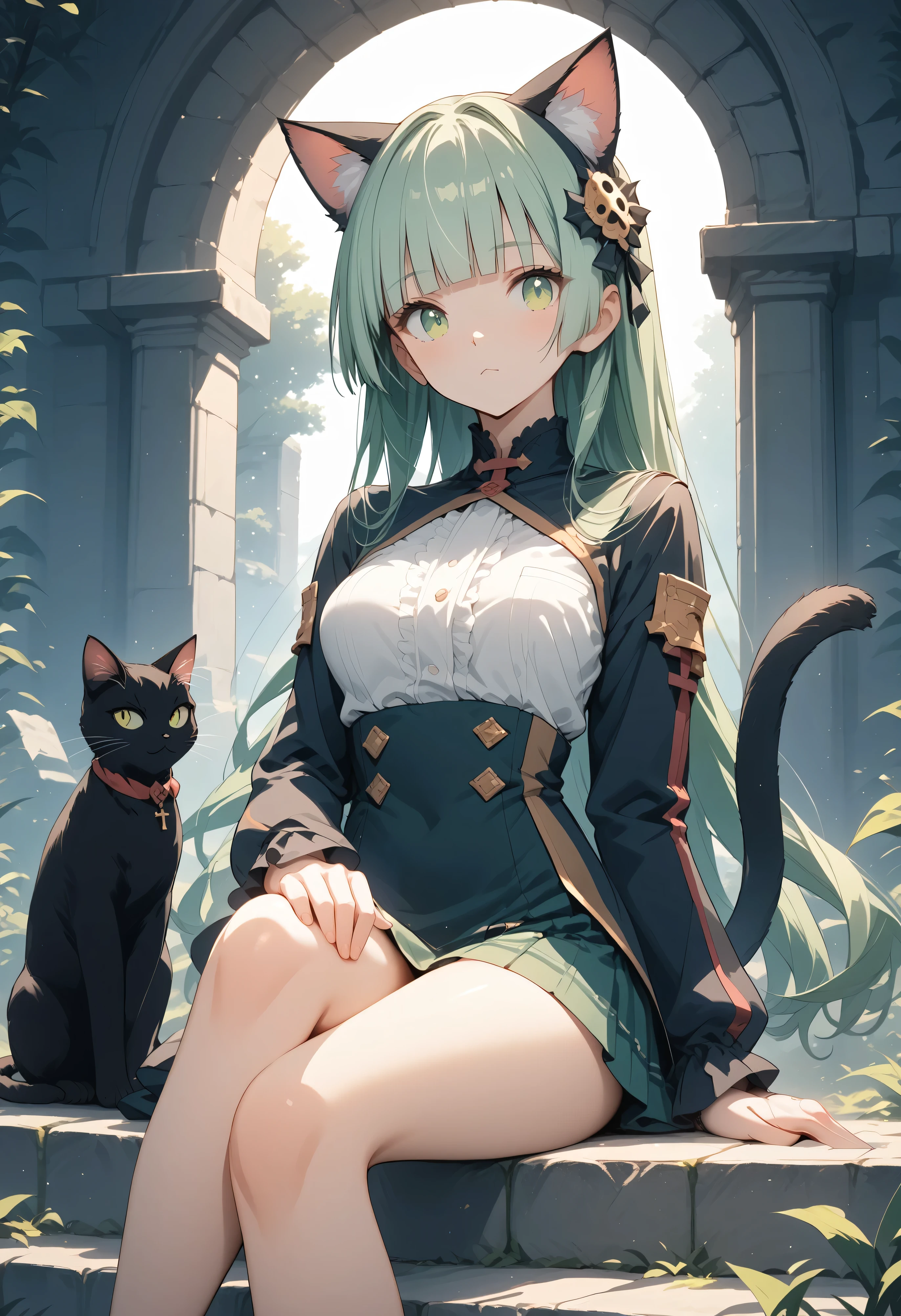 core_9, score_8_up, score_7_up, source_anime, masterpiece, centered, 1girl, medium breast, cat ears, kemonomimi, cat tails, long green hair, hime cut, blunt bangs, sitting in a stone step, noon, cross leg, leg scrunchies, cute, cute outfit, short plated skirt, hair accessory, zettai ryouki, volumetric lighting, HD