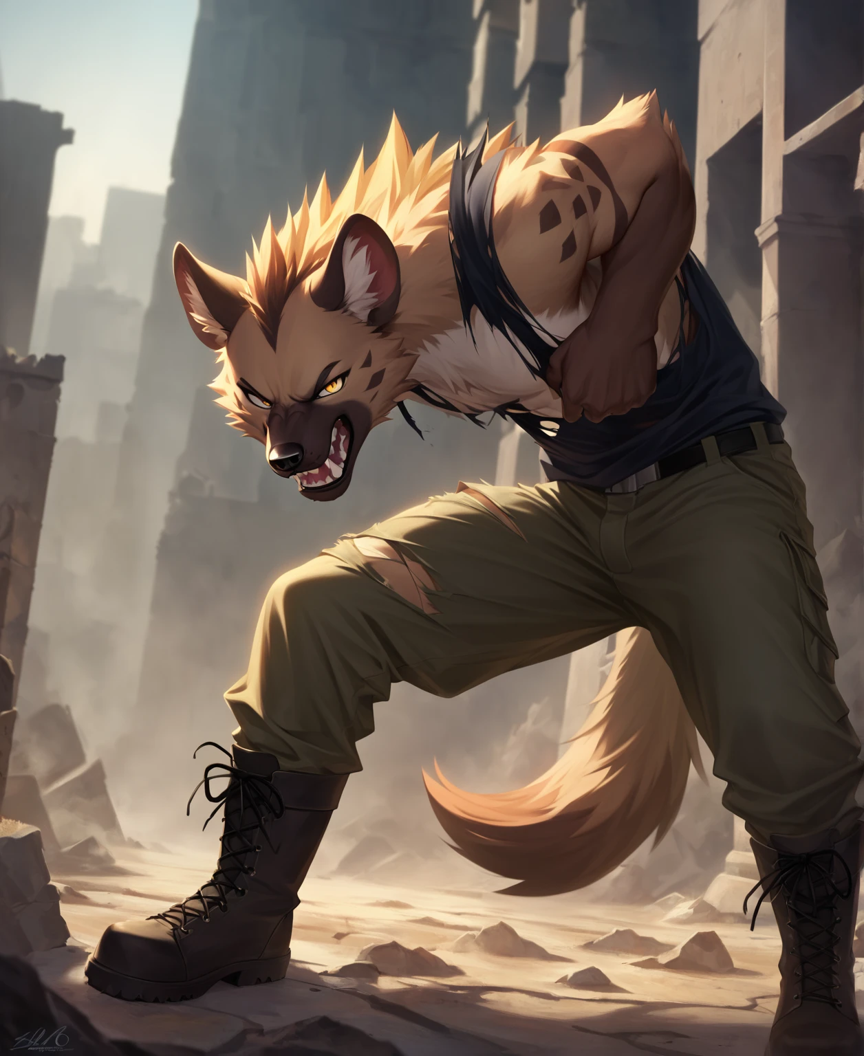 solo,furry,furry male,adult,hyena boy,hyena ears,hyena tail,brown fur,yellow eyes,sharp_teeth,fangs,torn_shirt,torn_clothes,black sleeveless_shirt,black capri_pants,combat_boots,glaring,leaning,leaning_back,ruins,cowboy_shot,close-up,front view,(masterpiece:1.3),(best quality:1.2),(ultra-detailed:1.2),(8k resolution:1.2),highres,original,extremely detailed wallpaper,perfect lighting,(extremely detailed CG:1.2),dynamic composition,realistic rendering,depth of field,digital painting,concept art；