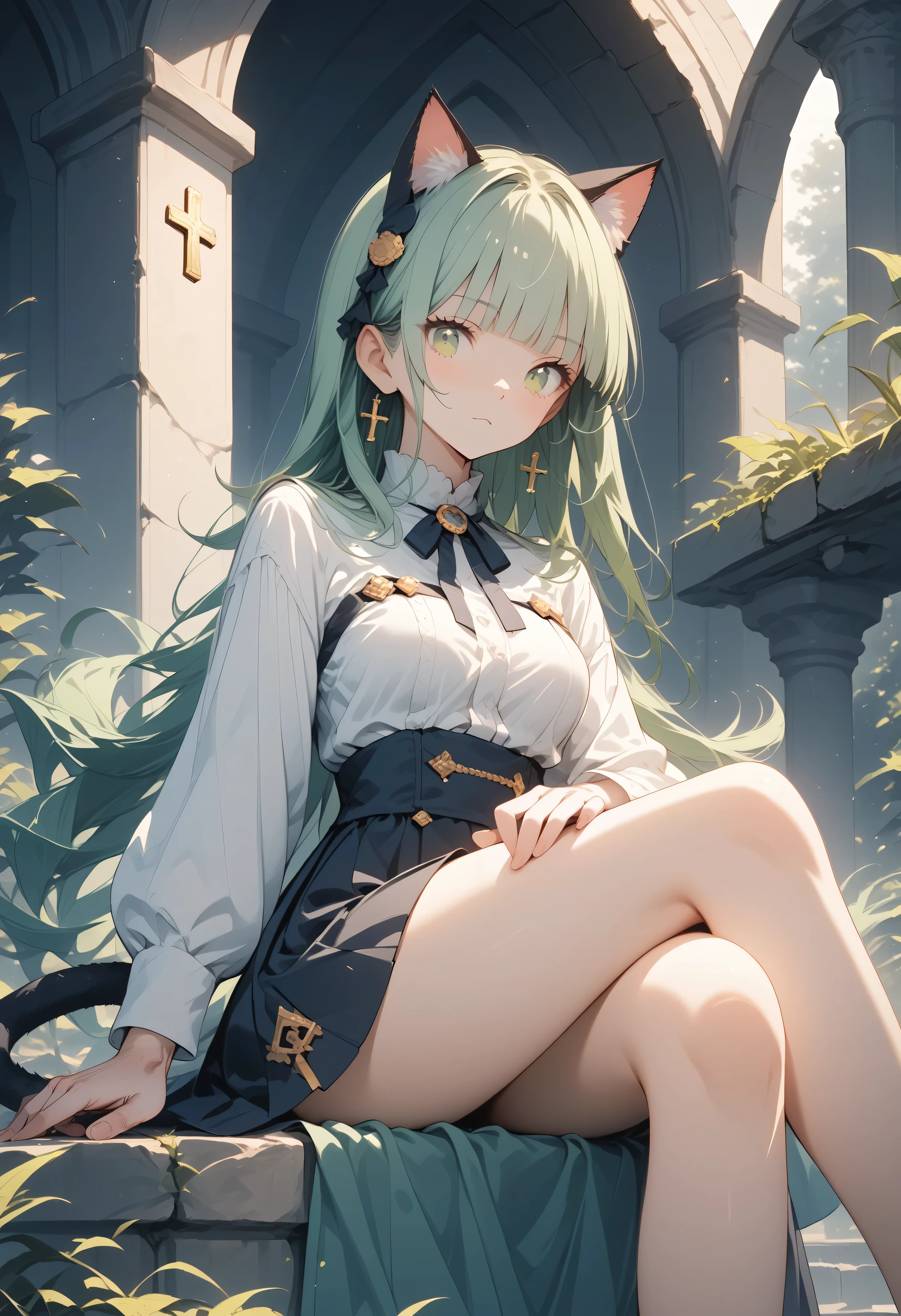 core_9, score_8_up, score_7_up, source_anime, masterpiece, centered, 1girl, medium breast, cat ears, kemonomimi, cat tails, long green hair, hime cut, blunt bangs, sitting in a stone step, noon, cross leg, leg scrunchies, cute, cute outfit, short plated skirt, hair accessory, zettai ryouki, volumetric lighting, HD