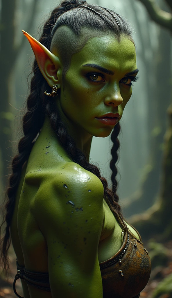 (8K quality、High resolution、Ultra-detailed、最high quality、masterpiece、high quality、Perfect dynamic composition,Gravure photo、Realistic:1.3)、Perfect lighting、One Goblin Woman、Detailed face、Detailed skin、Detailed eyes、Beautiful Face、(Crawling Position、Otherworldly fantasy:1.3)、Green Face、Green Skin、Green body、Green Hair、Pointed Ears、Big Breasts、Underwear that looks like a piece of cloth、forest