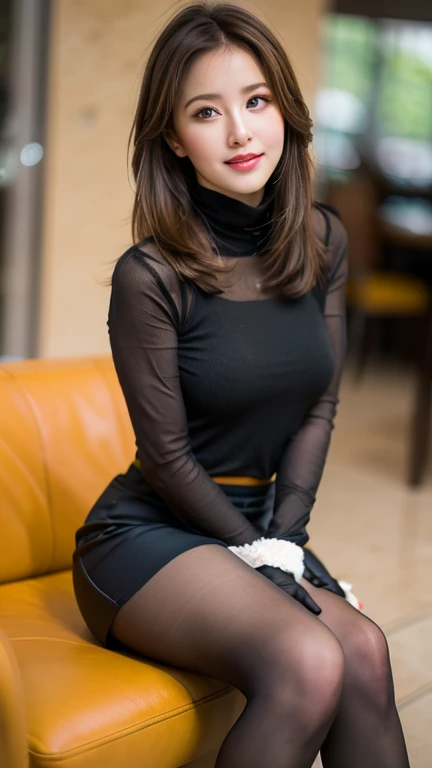 brown hair, low twin drills, cute face, she wears a turtleneck and a skirt., black pantyhose, sitting on a chair, crossed legs, Wearing black lace gloves, wearing boots, adult German woman, full body portrait, indoor, bokeh, film grain, UHD, masterpiece, anatomically correct, high details, high quality, highres