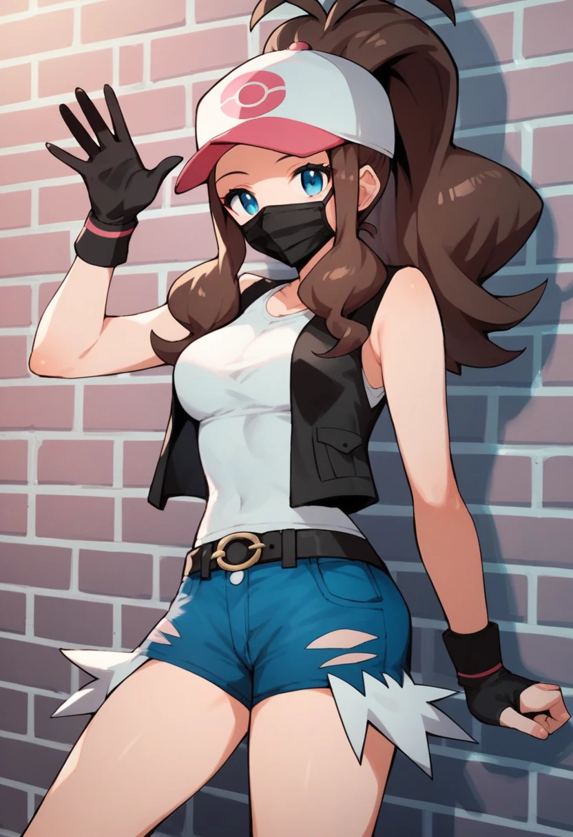 score_9, score_8_up, score_7_up, score_6_up, source_anime, 1girl, solo, ((pmpgrunt)),pokemonhilda, blue eyes, brown hair, long hair, ponytail, black beret, black mouth mask, black vest, grey bodysuit, black belt, black gloves, medium breasts, looking at viewer, (waving hand), empty eyes, mind control, happy trance, legs,cowboy shot,brick wall