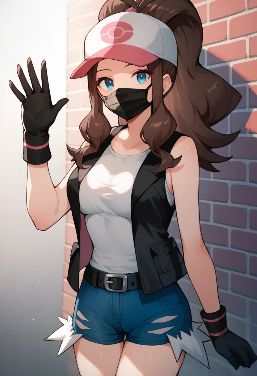 score_9, score_8_up, score_7_up, score_6_up, source_anime, 1girl, solo, ((pmpgrunt)),pokemonhilda, blue eyes, brown hair, long hair, ponytail, black beret, black mouth mask, black vest, grey bodysuit, black belt, black gloves, medium breasts, looking at viewer, (waving hand), empty eyes, mind control, happy trance, legs,cowboy shot,brick wall