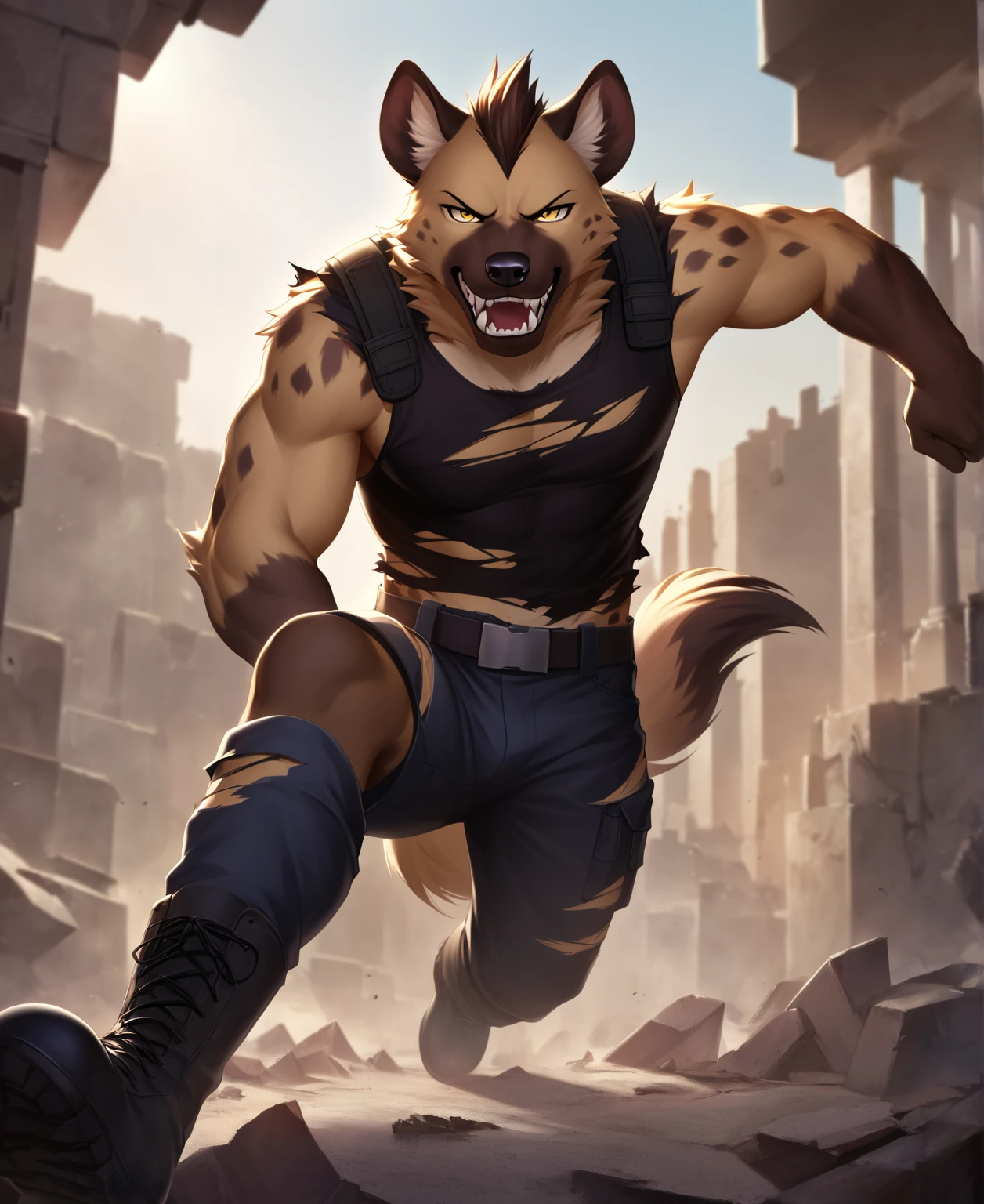 solo,furry,furry male,adult,hyena boy,hyena ears,hyena tail,brown fur,yellow eyes,sharp_teeth,fangs,torn_shirt,torn_clothes,black sleeveless_shirt,black capri_pants,combat_boots,glaring,leaning,leaning_back,ruins,cowboy_shot,close-up,front view,(masterpiece:1.3),(best quality:1.2),(ultra-detailed:1.2),(8k resolution:1.2),highres,original,extremely detailed wallpaper,perfect lighting,(extremely detailed CG:1.2),dynamic composition,realistic rendering,depth of field,digital painting,concept art；