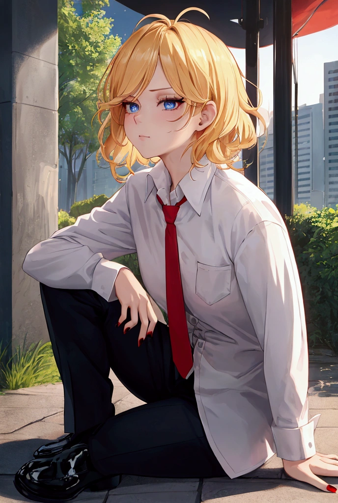 Score_9, score 8_up, score 7_up, high quality, semi realistic, uhd, 1girl, beautiful, short golden blonde hair, very short hair, wavy hair, messy hair, without bangs, very dark blue eyes, eye highlights, fair skin, eyelashes, red eyeshadow, faint smiling, sparkling, side view, looking at the side, upper body, white button down shirt, red tie, black pants, black shoes, red nail polish, one hand with bandage, night setting, sunny park background, shady, side view, sitting on the floor, anime scene, windy scene