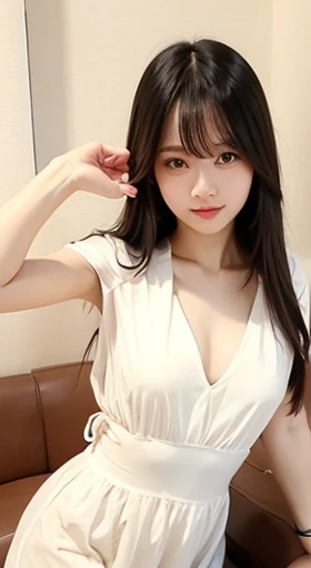  Natural Filter , Hidden Face, 1 woman、Age 30, Beauty: 1.3,  straight black hair in such a posture、 medium long hair 、Hide your forehead with bangs、 plump body 、 outcrop, Feminine casual attire、  Instagram-like photos、 Randomly change the atmosphere、Sexy Photos、 random sexy pose 、A dress that shows the chest